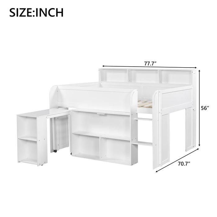 Loft Bed With Built-In Desk, LED Lighting, And Multiple Storage Shelves