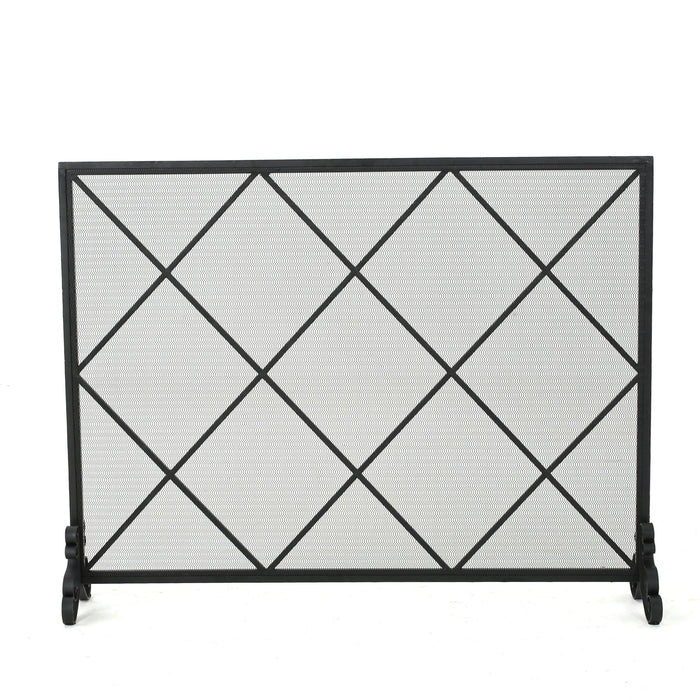 Minimalist Single Panel Iron Fireplace Screen With Diamond Design - Black