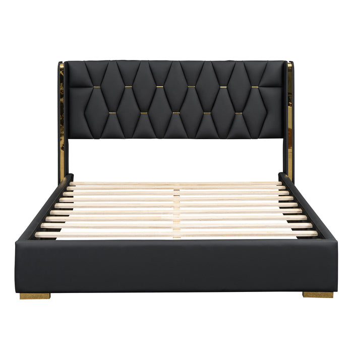 Upholstered Platform Bed With Strips - Black