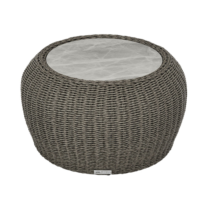Amira - Outdoor Round Sintered Stone Side Table With Woven Rattan Body And Aluminum Frame - Deep Bronze