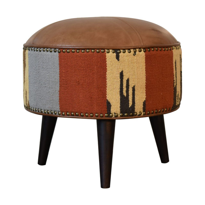 Durrie Leather Mixed Footstool - Thumbnail 2