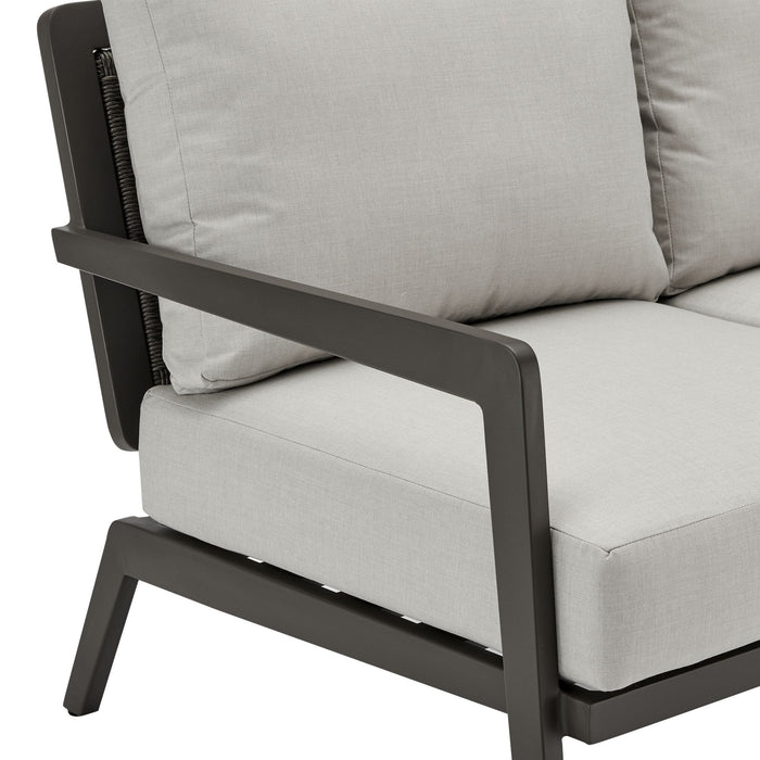 Avila - Outdoor Sofa With Woven Rattan Details Aluminum Frame And Cushions - Dark Bronze / Silver Ash