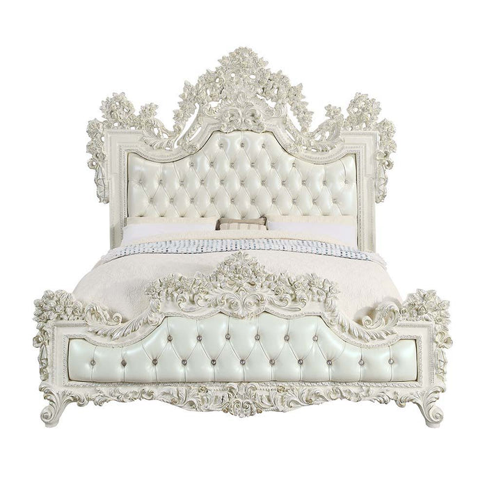 Adara - Eastern King Bed - Pearl White Synthetic Leather & Antique White