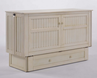 Queen-size white cabinet bed with storage drawers in modern bedroom