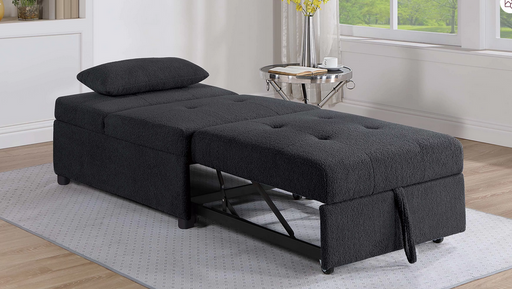 Soft black Sherpa fabric on sofa chair sold in Sacramento furniture store.