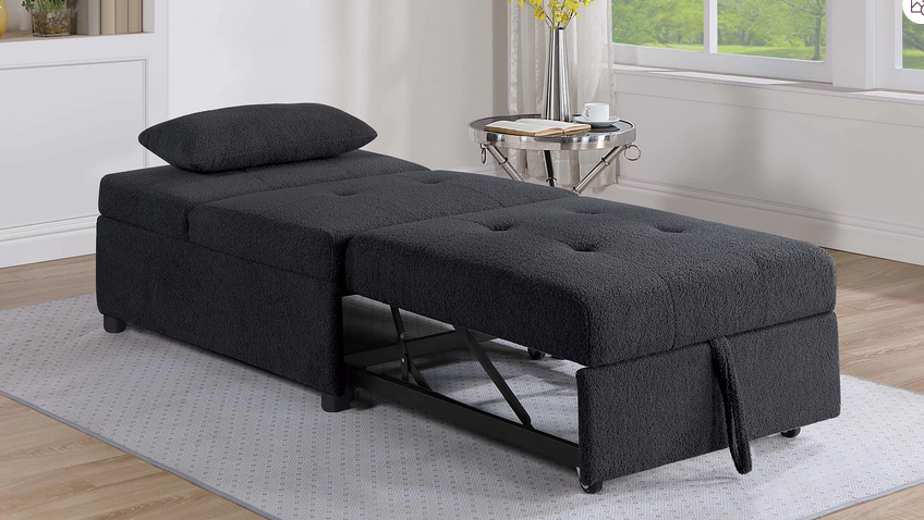 Soft black Sherpa fabric on sofa chair sold in Sacramento furniture store.