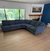 Flores Design Talmadge custom blue sectional sofa with rounded corner seating in a Sacramento living room.