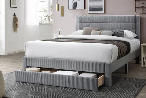 Modern corduroy platform bed with under-bed storage drawer in dark gray at Sacramento Furniture Store