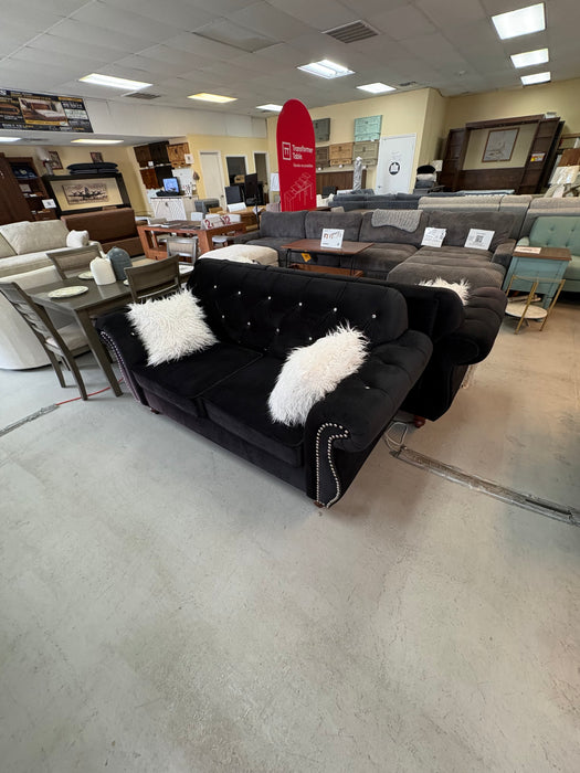 93-inch black velvet sofa with matching 77-inch loveseat, available as a discounted living room furniture set in Sacramento, CA.