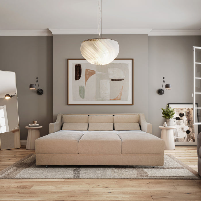 Omnia Leather Joy sleeper sofa partially converted into sleeper bed
