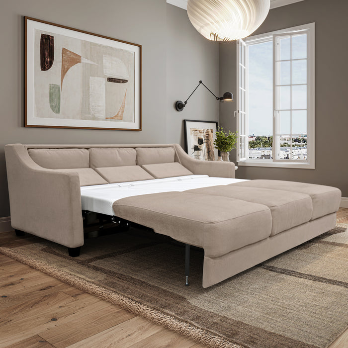 Omnia Leather Joy leather sleeper sofa shown fully opened as a bed