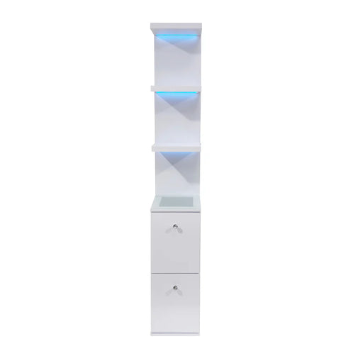 SlayStation Natalie column with RGB lighting and drawers on display at Sacramento Furniture Store