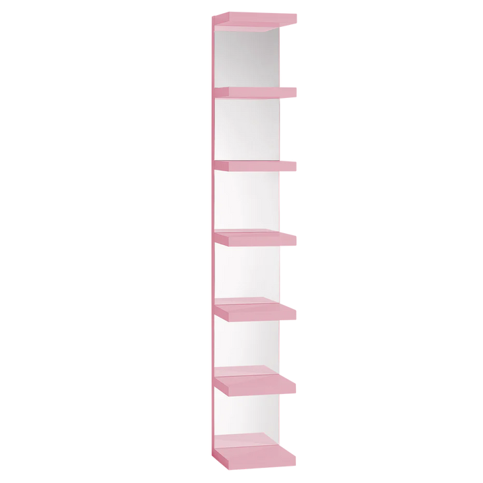 SlayStation Natalie mirrored column shelf in light pink displayed at Sacramento Furniture Store