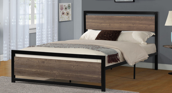 Metal Platform Bed with Faux Wood Headboard & Footboard – Rustic Style, No Box Spring Needed