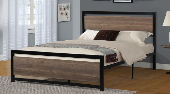 Metal Platform Bed with Faux Wood Headboard & Footboard – Rustic Style, No Box Spring Needed
