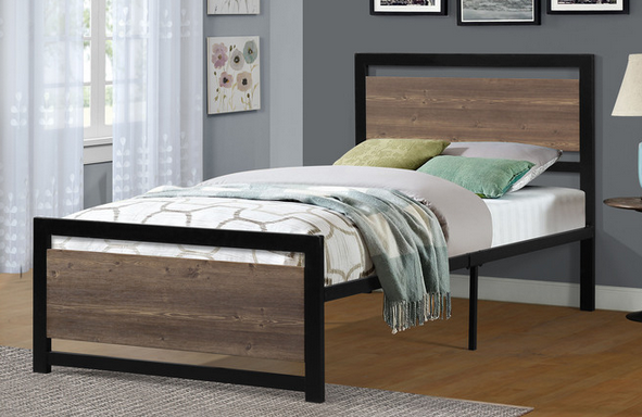 Metal Platform Bed with Faux Wood Headboard & Footboard – Rustic Style, No Box Spring Needed