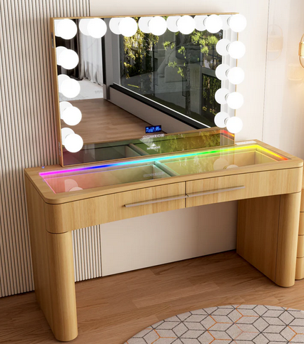 Modern Natural Oak vanity table with illuminated glass top and makeup mirror in Sacramento showroom