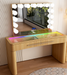 Modern Natural Oak vanity table with illuminated glass top and makeup mirror in Sacramento showroom