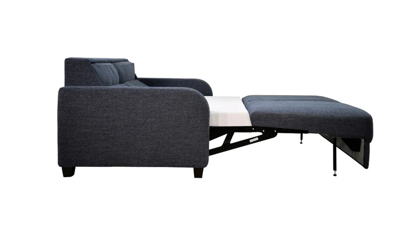 Omnia Leather Dove bar-free sleeper sofa converted into a comfortable guest bed