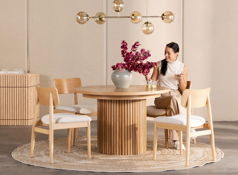 Transformer round to oval dining table in Scandinavian Oak finish – Sacramento Furniture Store