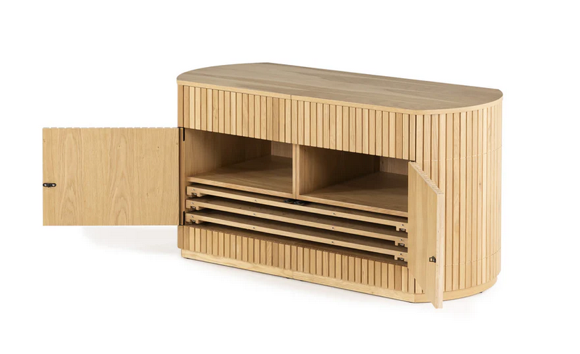 Transformer sideboard with soft-close storage drawers – Scandinavian Oak finish