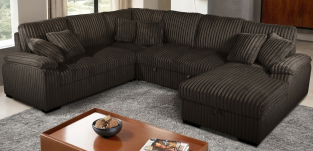 Corduroy U-Shaped Sectional Sofa with Pull Out Bed & 6 Throw Pillows – Corduroy Fabric – Perfect for Sacramento, CA Homes
