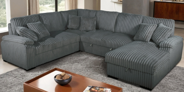 Corduroy U-Shaped Sectional Sofa with Pull Out Bed & 6 Throw Pillows – Corduroy Fabric – Perfect for Sacramento, CA Homes