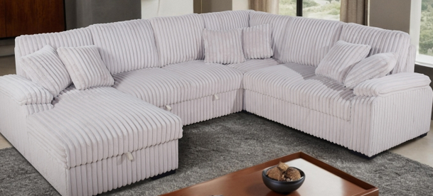 Corduroy U-Shaped Sectional Sofa with Pull Out Bed & 6 Throw Pillows – Corduroy Fabric – Perfect for Sacramento, CA Homes