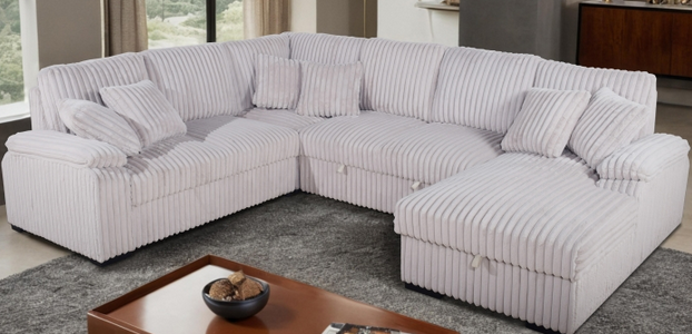 Corduroy U-Shaped Sectional Sofa with Pull Out Bed & 6 Throw Pillows – Corduroy Fabric – Perfect for Sacramento, CA Homes