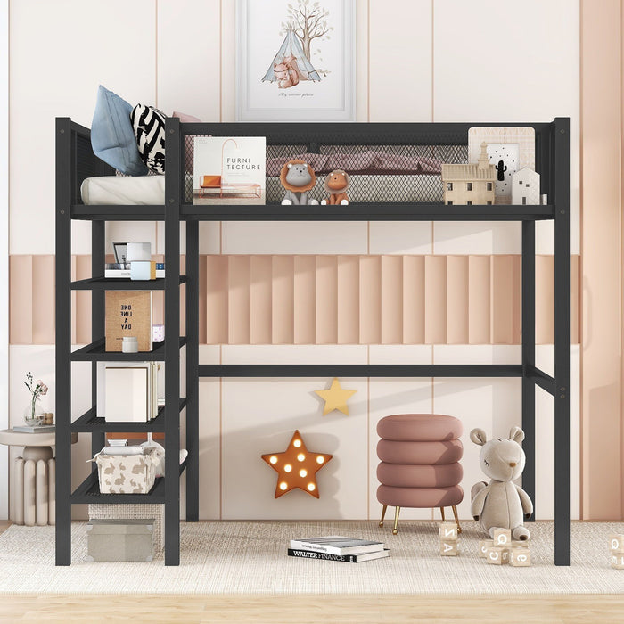 Loft Bed With 4 Tier Shelves And Storage