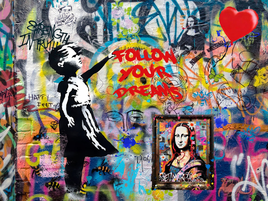 Heart Balloon Graffiti - 36" x 48" Framed Wall Art