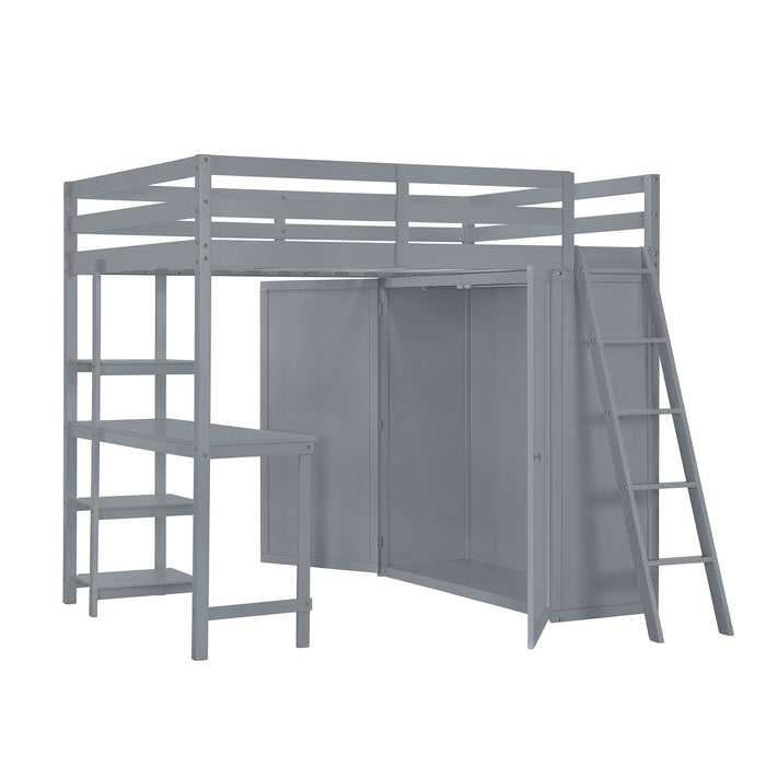 Full Size Loft Bed With Wardrobe And Desk And Shelves - Gray