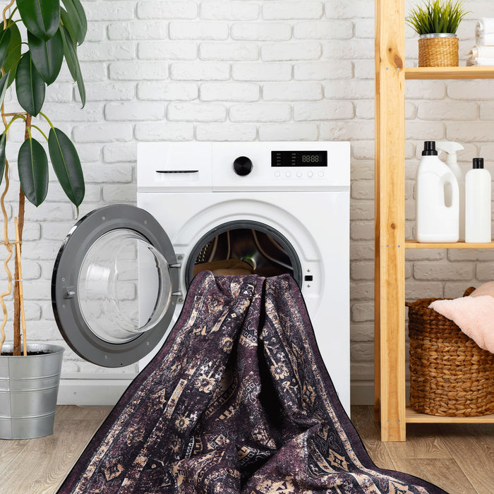 Maval - 5' X 8' Washable Area Rug - Black / Burgundy