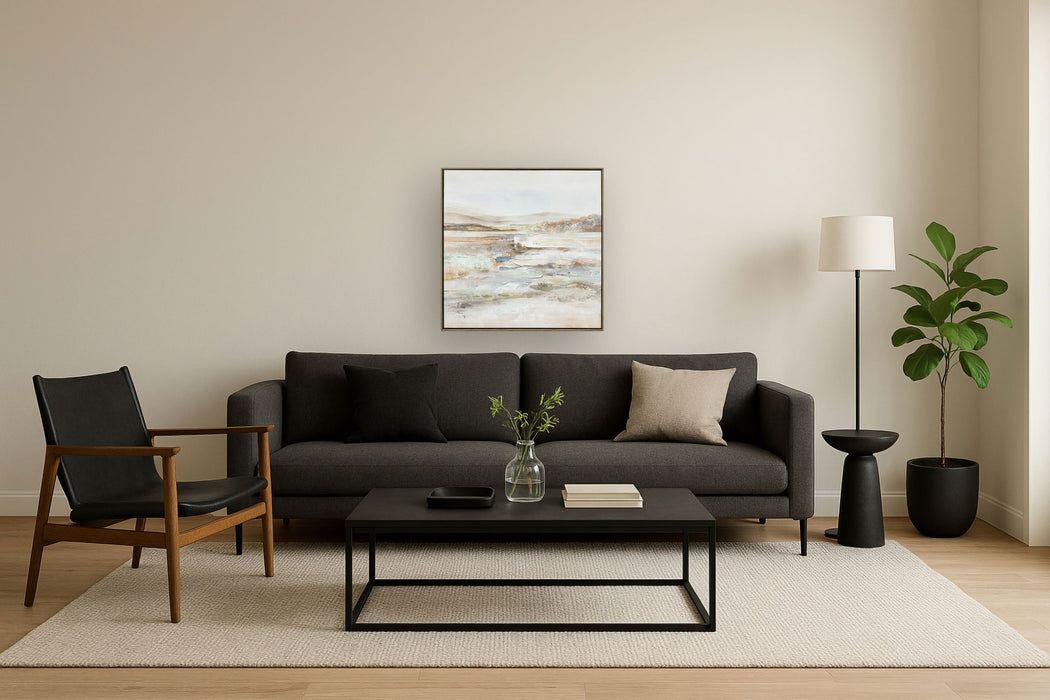 "Serene Horizons II" Hand-Embellished Canvas In Frame - White / Orange / Blue