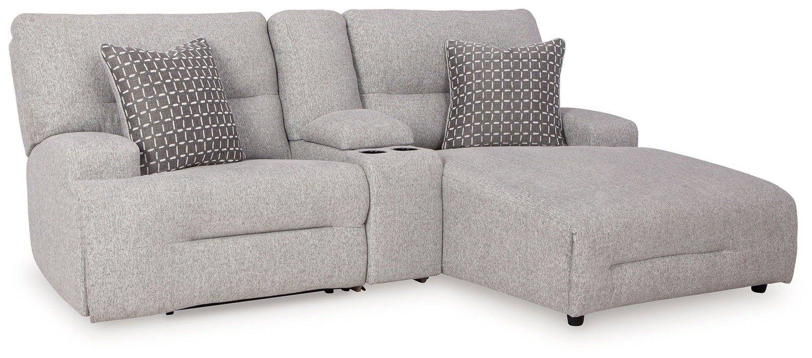 Contemporary power reclining couch set with adjustable headrests and plush cushions in living room