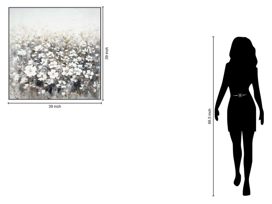 Hand Painted Textured Canvas Glitter In Frame Full Of Flowers - Gray