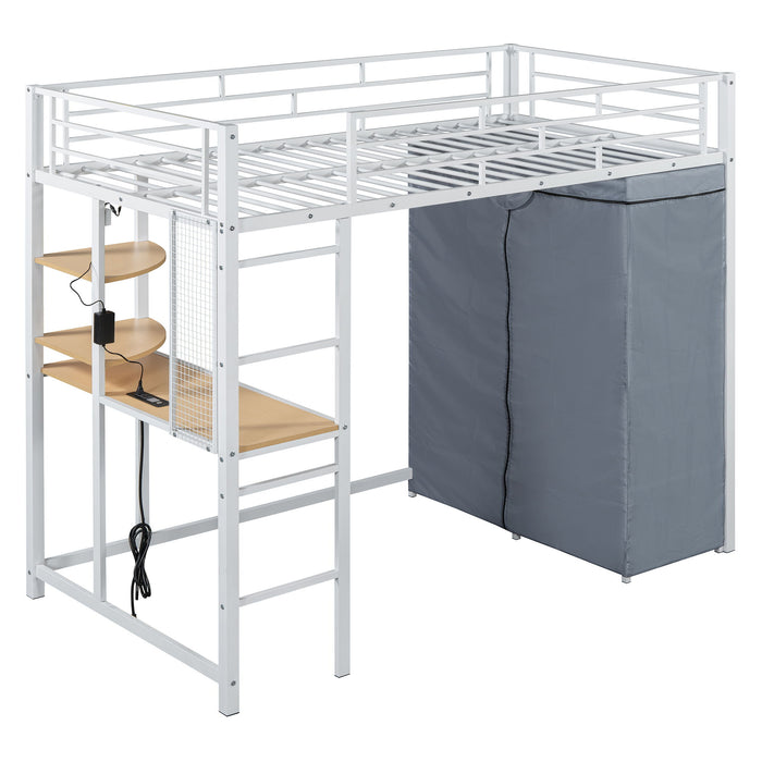 Loft Bed With Desk, Shelves, Power Outlet, LED Light And Wardrobe