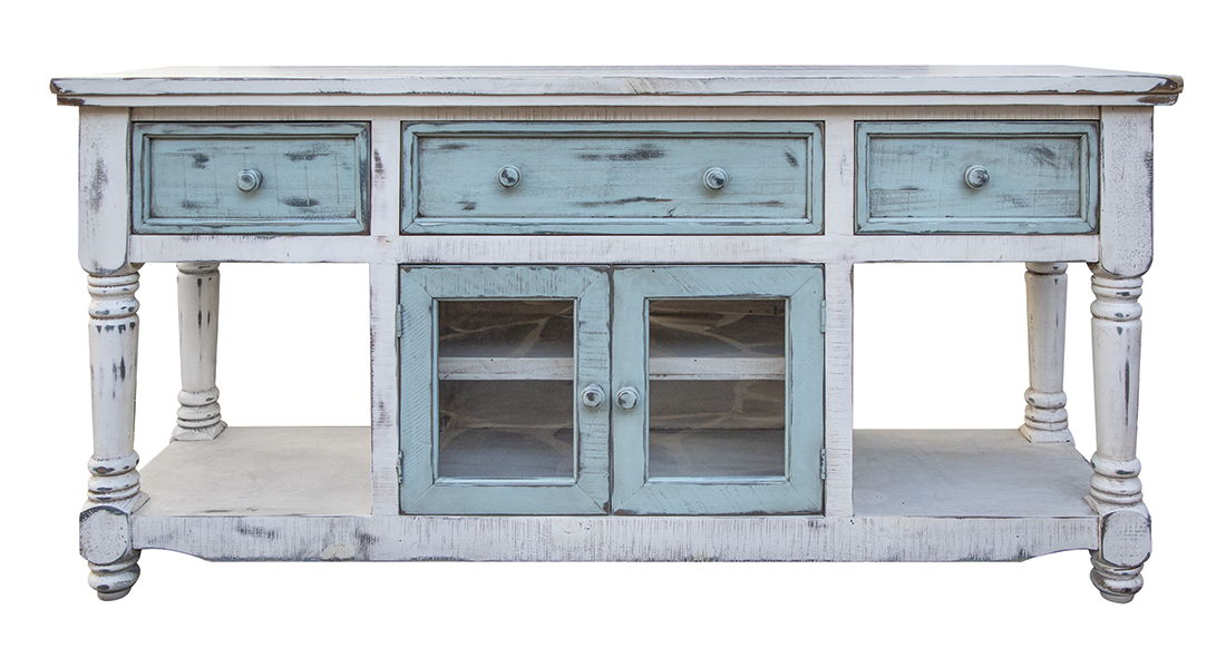 Aruba - TV Stand / Console With 3 Drawers And 2 Doors - Off White / Sky Blue