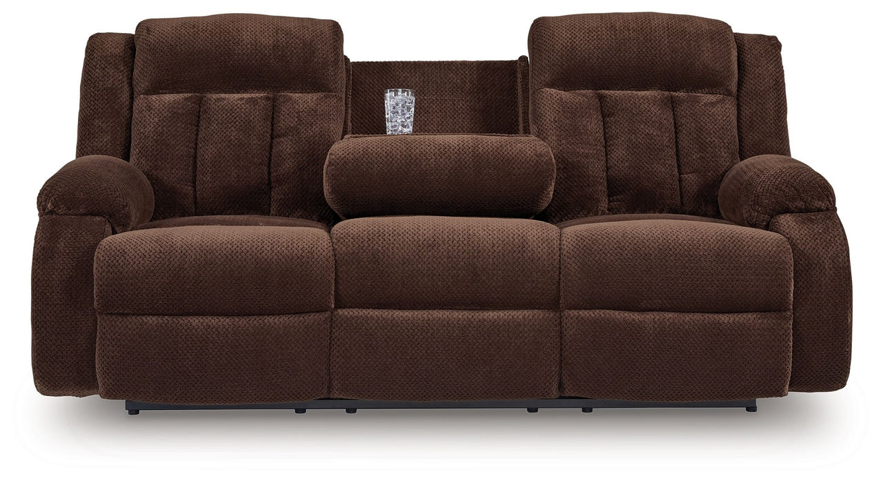 Free Wake - Reclining Power Sofa With Drop Down Table - Chocolate