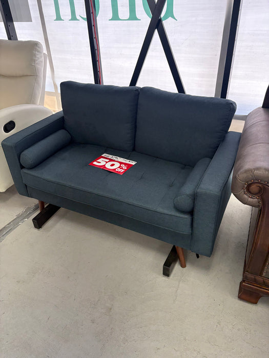Blue mid-century modern sofa and matching chair on showroom clearance at Sacramento Furniture Store.