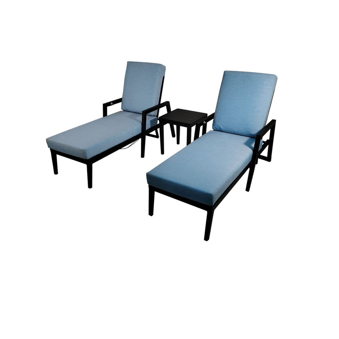 3 Piece Outdoor Patio Lounge Set, 2 Chaise & 1 End Table With Modern Tapered Feet, Pneumatic Adjustable Backrest, Wheels, Sunbrella Cushion - Ember Black / Blue