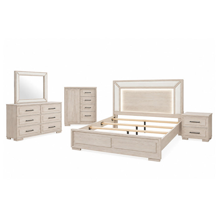Ciara - King 5 Piece Bedroom Set With LED Lighting, Clean Lines And Upholstered Mirror - Beige