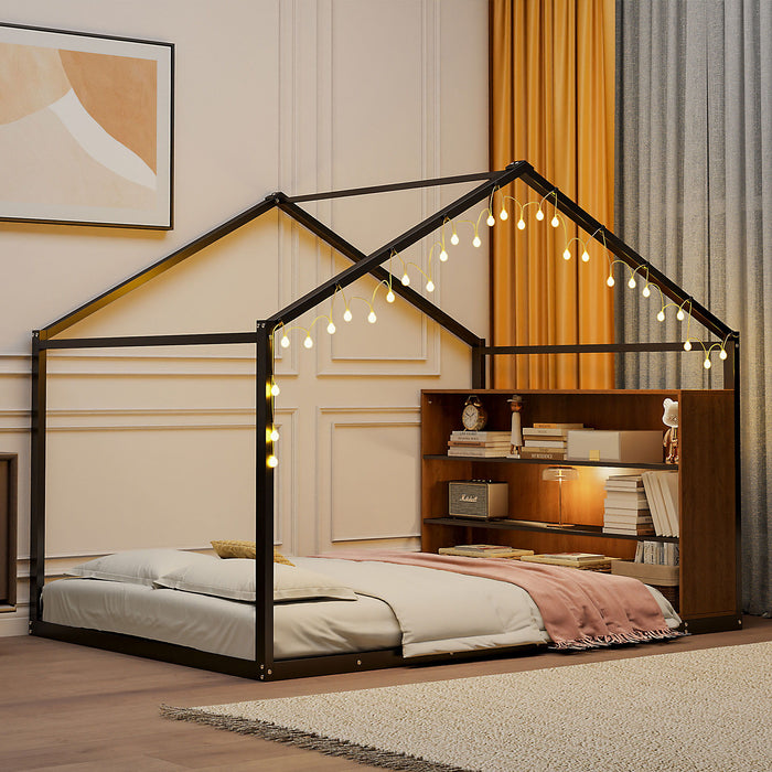 Bed House Frame With Shelves And Lights