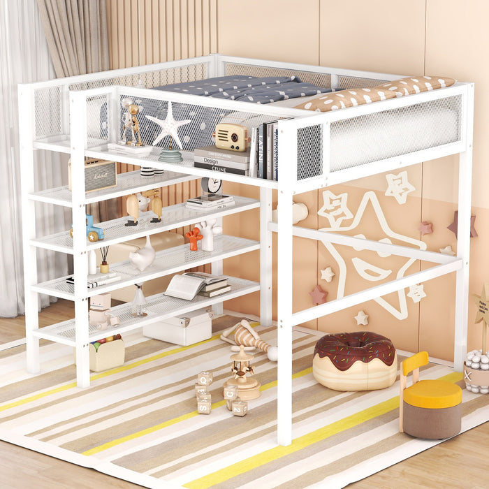 Loft Bed With 4 Tier Shelves And Storage