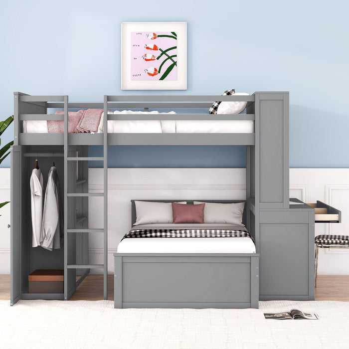 Loft Bed With A Twin Size Standalone Bed, Shelves, Desk, And Wardrobe