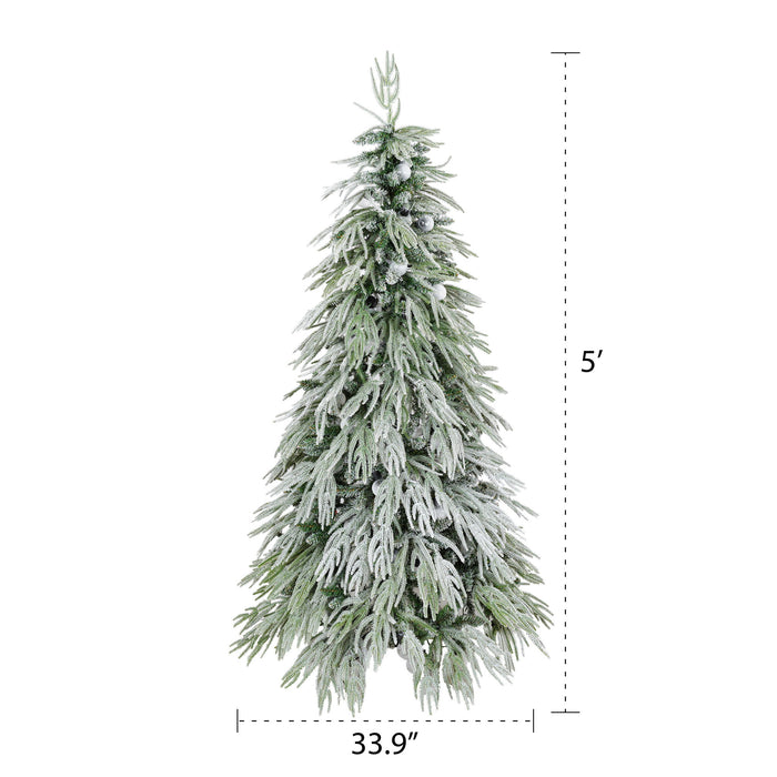 5Ft Pre Lit Spruce Snow Flocked Christmas Tree With LED Lights, Artificial Hinged Xmas Tree - White / Green