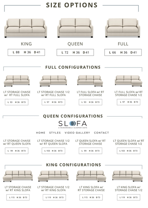 Omnia Leather Joy sleeper sofa available sizes and sectional configuration guide