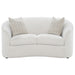 Curved bouclé loveseat in soft latte upholstery on furniture clearance in Sacramento, CA.