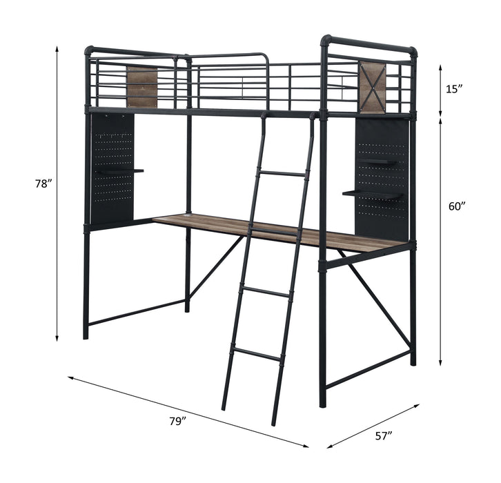 Cordelia - Twin Loft Bed With Desk - Antique Oak, Sandy Black & Dark Bronze Hand-Brushed