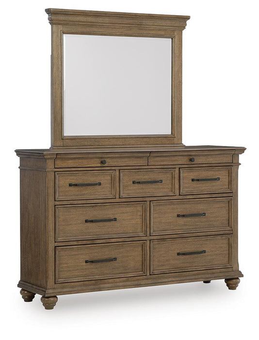 Karallin - 3 Pc. - Queen Panel Storage Bed, Dresser And Mirror - Medium Brown
